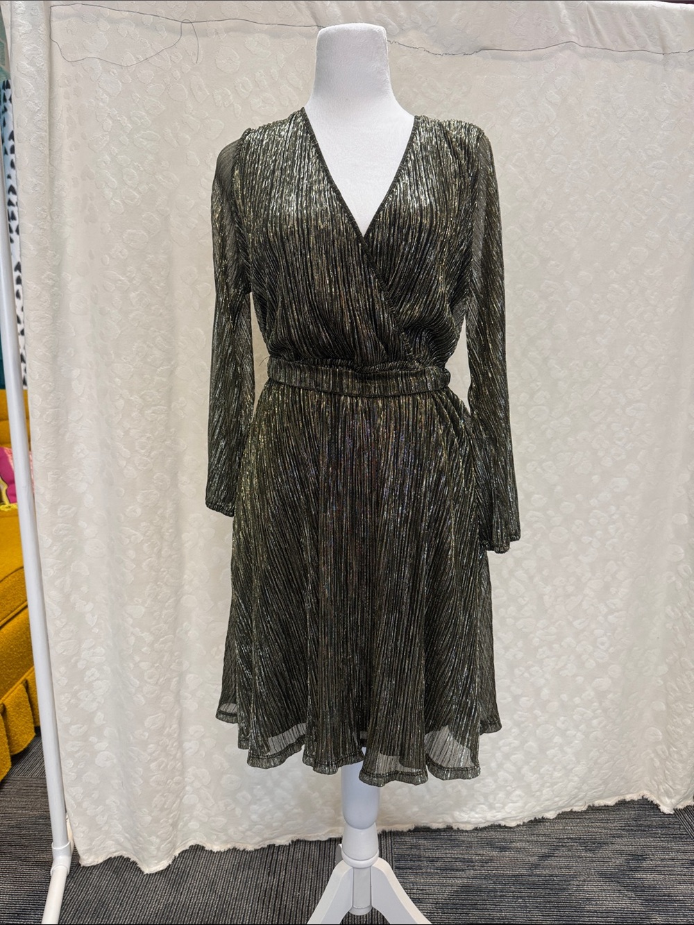 Metallic Olive Wrap Dress with Belt